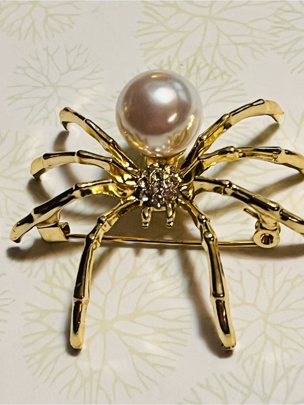 Gold-Tone Spider Brooch with White Pearl Accent - Women's Jewelry